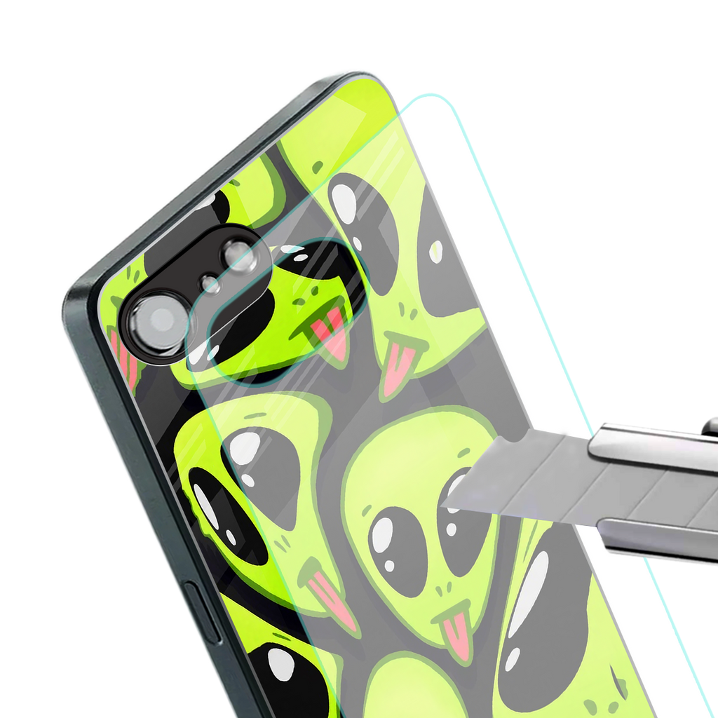 trippy aliens back phone cover | glass case for iphone 16e