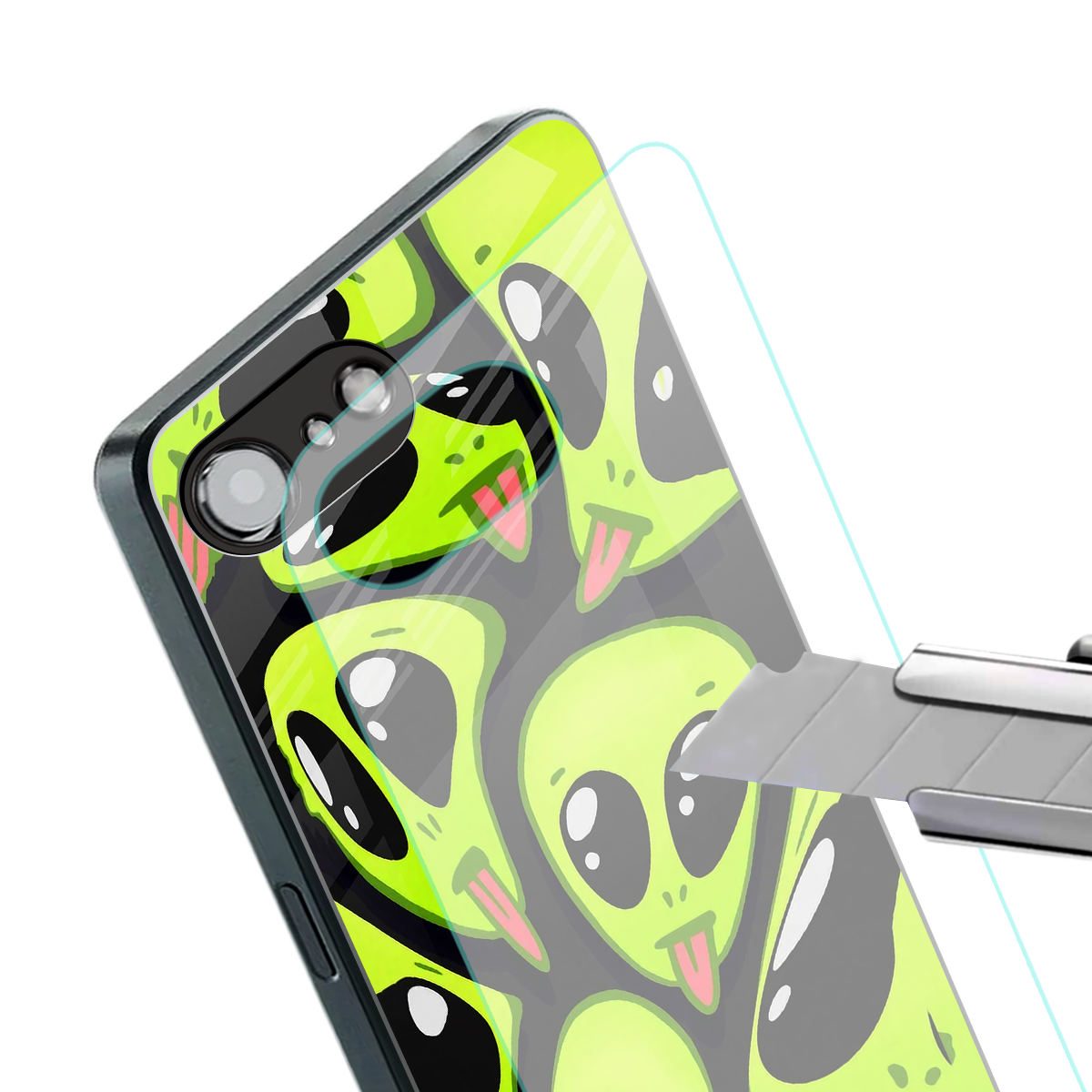 trippy aliens back phone cover | glass case for iphone 16e