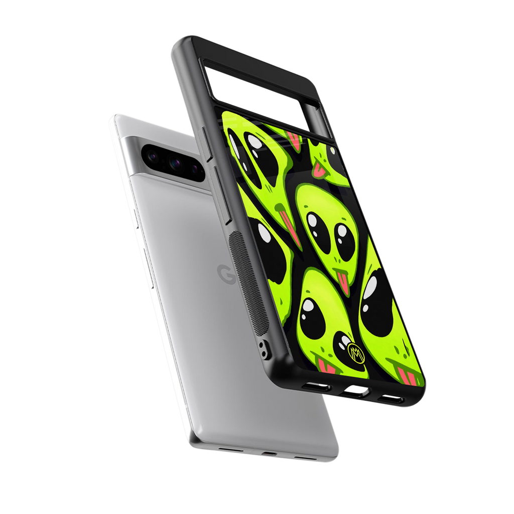 trippy aliens back phone cover | glass case for google pixel 8 pro