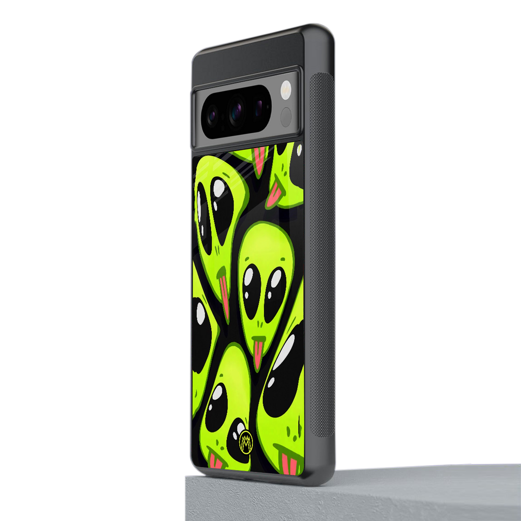 trippy aliens back phone cover | glass case for google pixel 8 pro