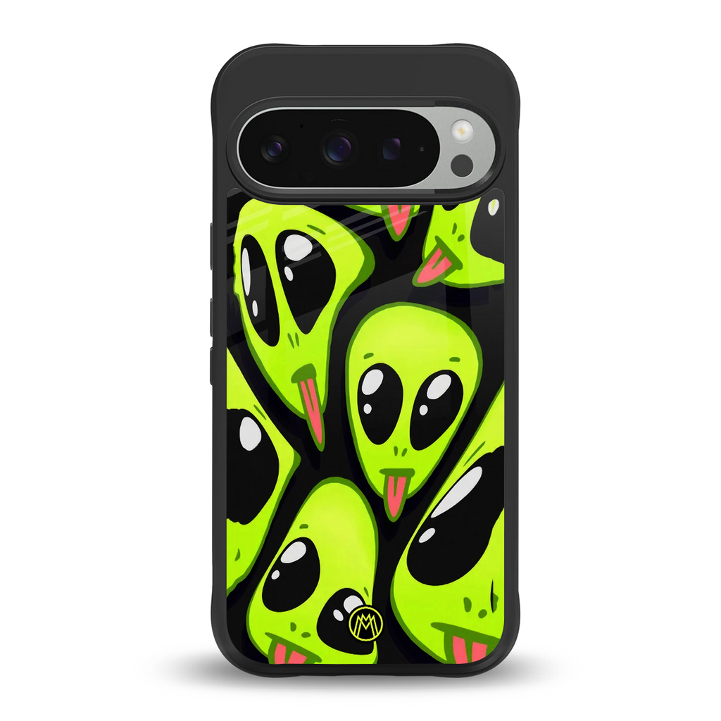 trippy aliens back phone cover | glass case for google pixel 9 pro xl