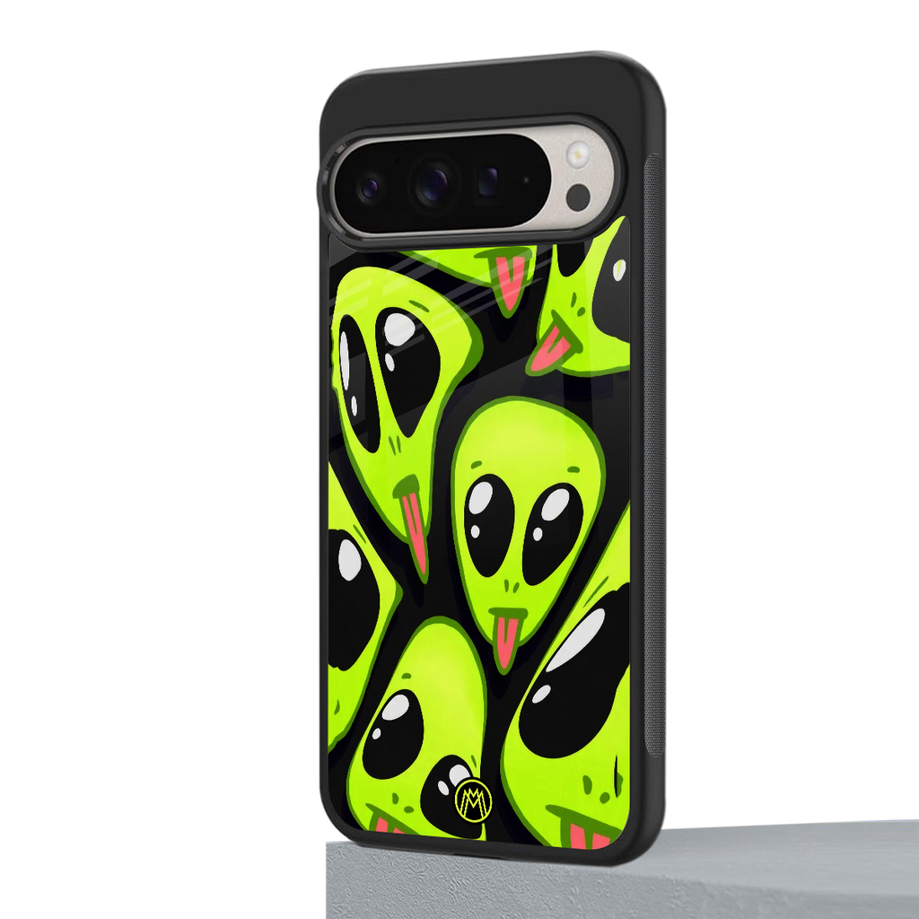 trippy aliens back phone cover | glass case for google pixel 9 pro xl