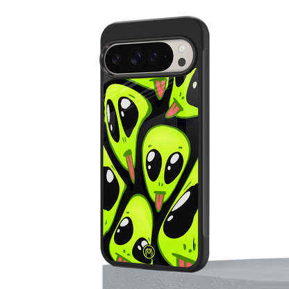 trippy aliens back phone cover | glass case for google pixel 9 pro xl