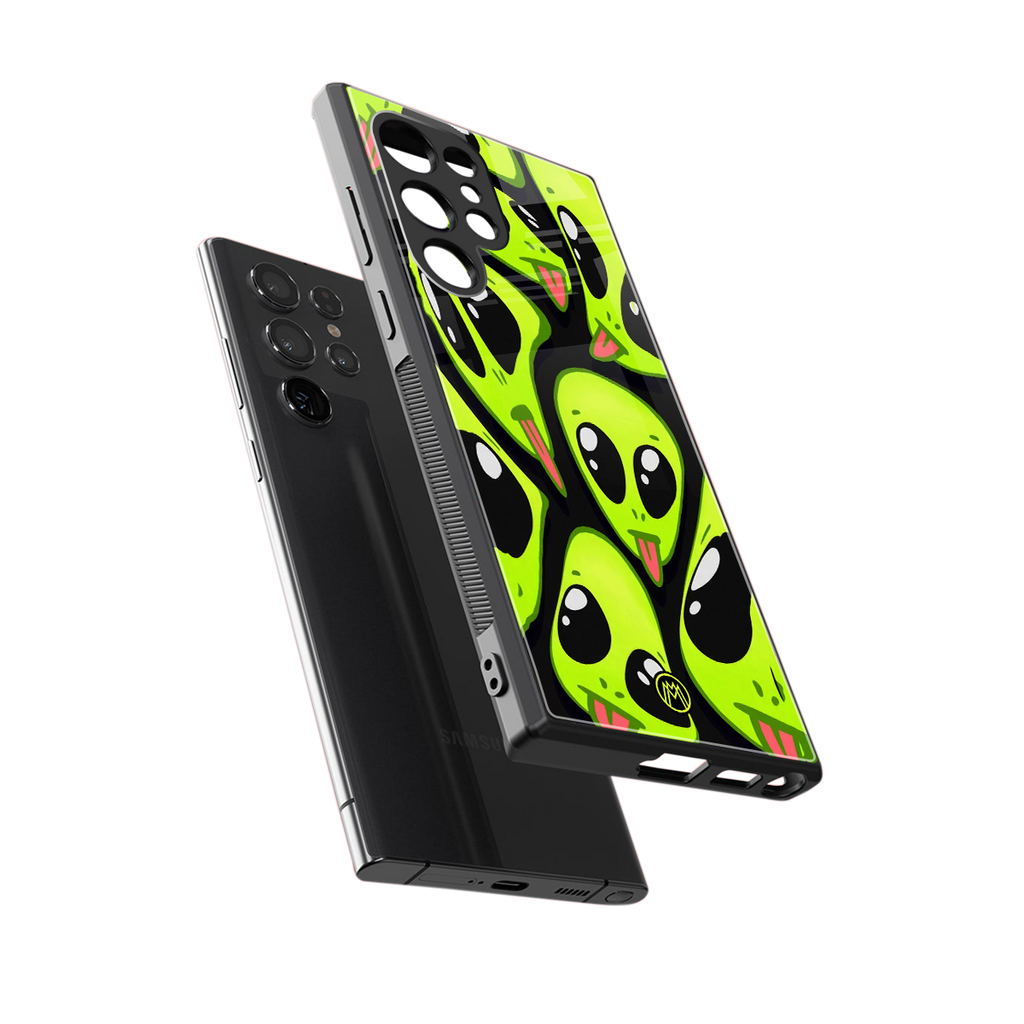 trippy aliens back phone cover | glass case for samsung galaxy s23 ultra