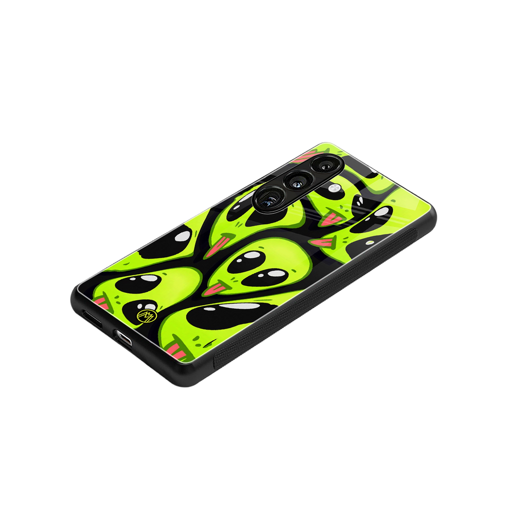 trippy aliens back phone cover | glass case for samsung galaxy s24 plus