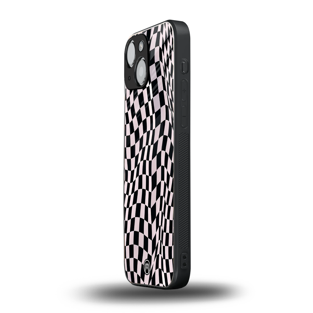 trippy b&w check pattern back phone cover | glass case for iphone 13 mini