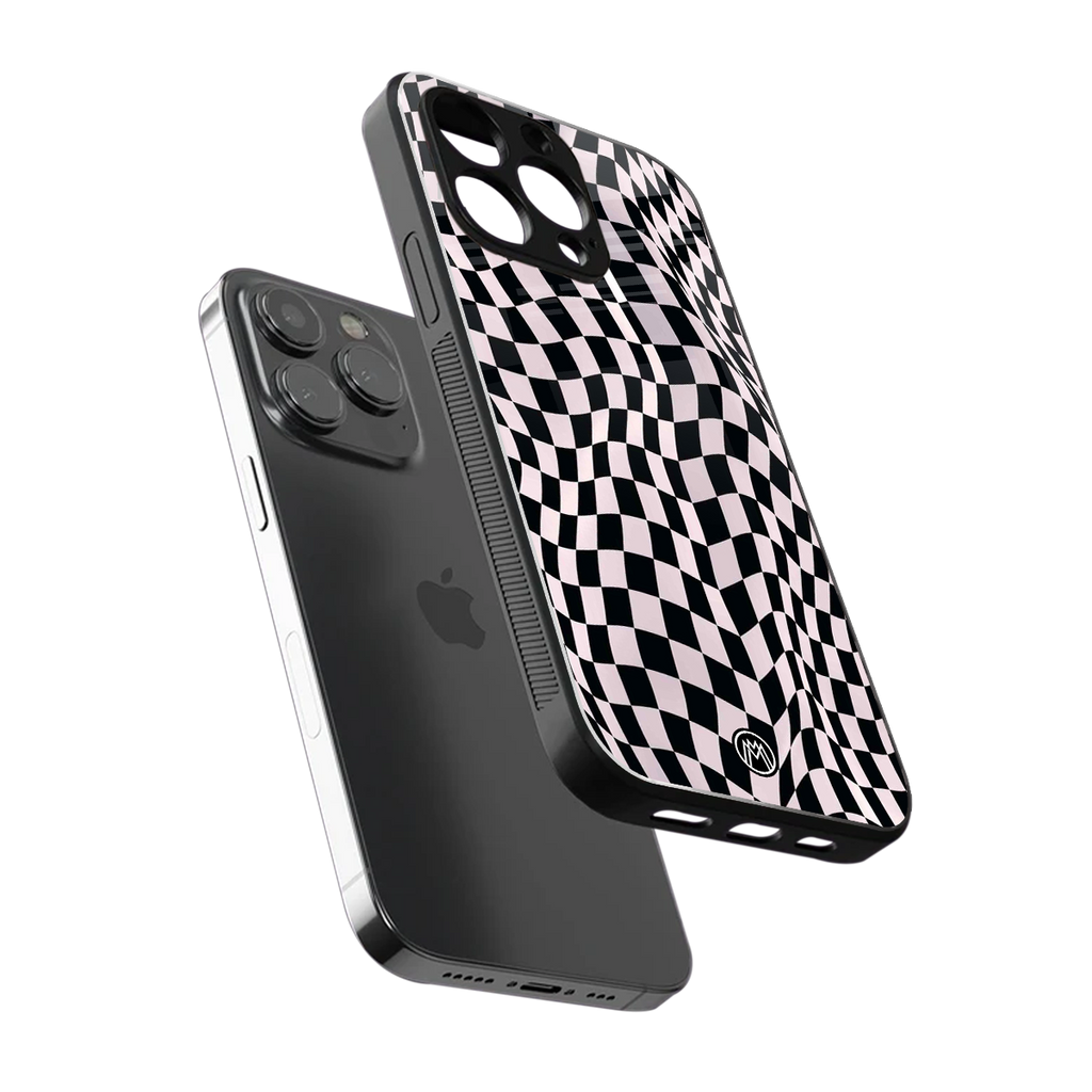 trippy b&w check pattern back phone cover | glass case for iphone 13 pro max