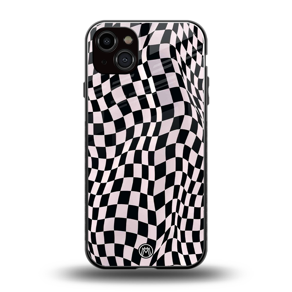 trippy b&w check pattern back phone cover | glass case for iphone 14 plus
