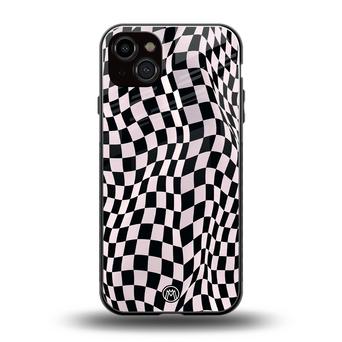 trippy b&w check pattern back phone cover | glass case for iphone 14 plus