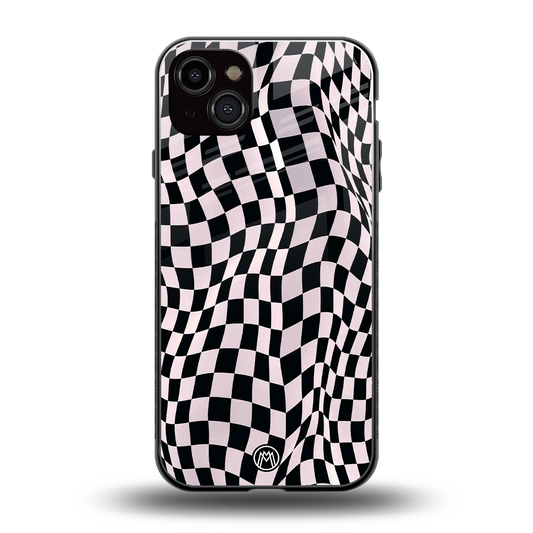 trippy b&w check pattern back phone cover | glass case for iphone 14 plus