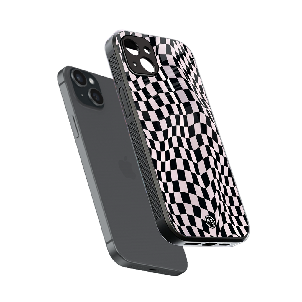 trippy b&w check pattern back phone cover | glass case for iphone 14 plus