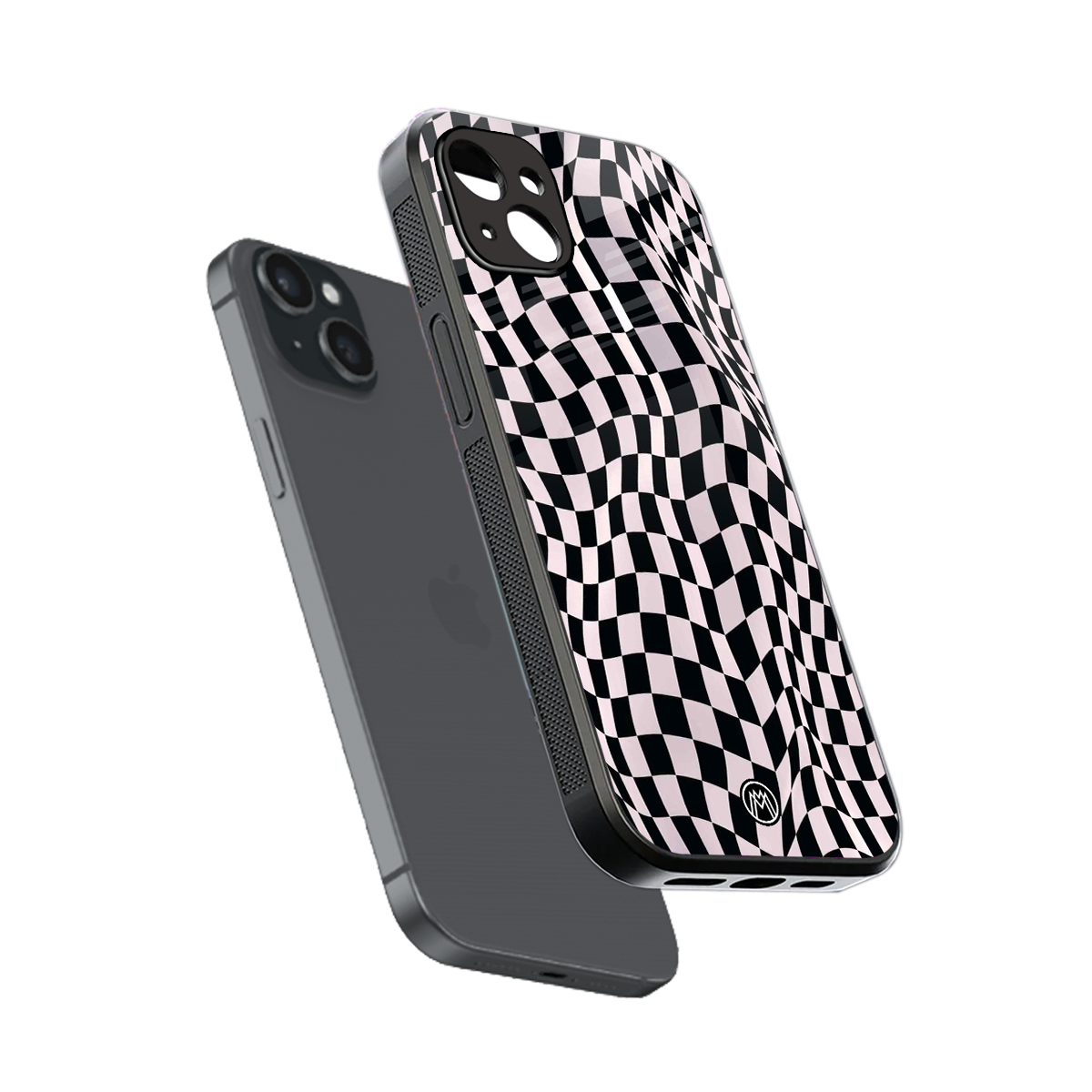 trippy b&w check pattern back phone cover | glass case for iphone 14 plus