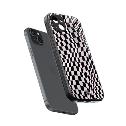 trippy b&w check pattern back phone cover | glass case for iphone 14 plus