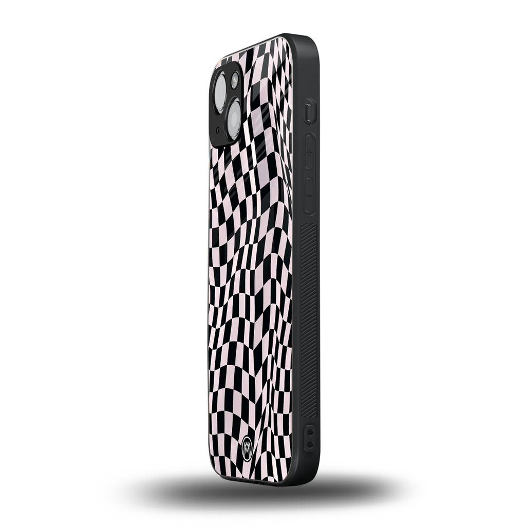 trippy b&w check pattern back phone cover | glass case for iphone 15 plus