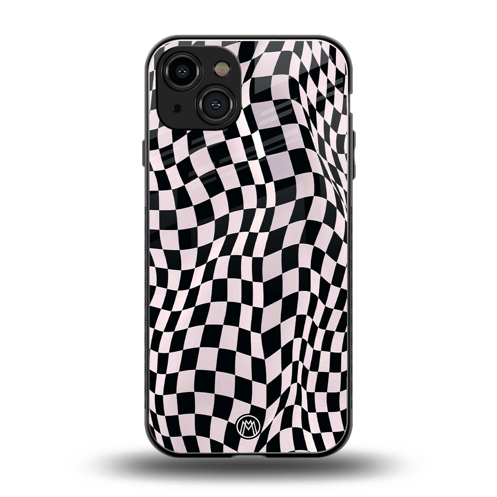 trippy b&w check pattern back phone cover | glass case for iphone 15