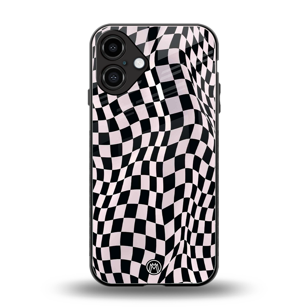 trippy b&w check pattern back phone cover | glass case for iphone 16 plus