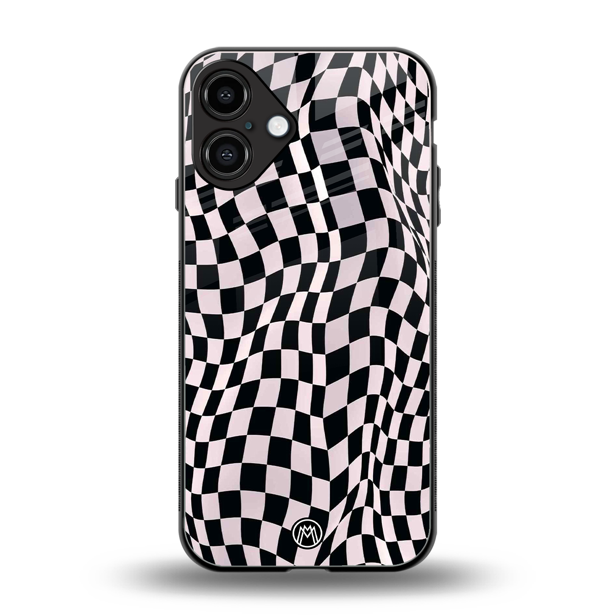 trippy b&w check pattern back phone cover | glass case for iphone 16 plus