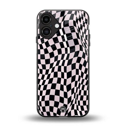 trippy b&w check pattern back phone cover | glass case for iphone 16 plus