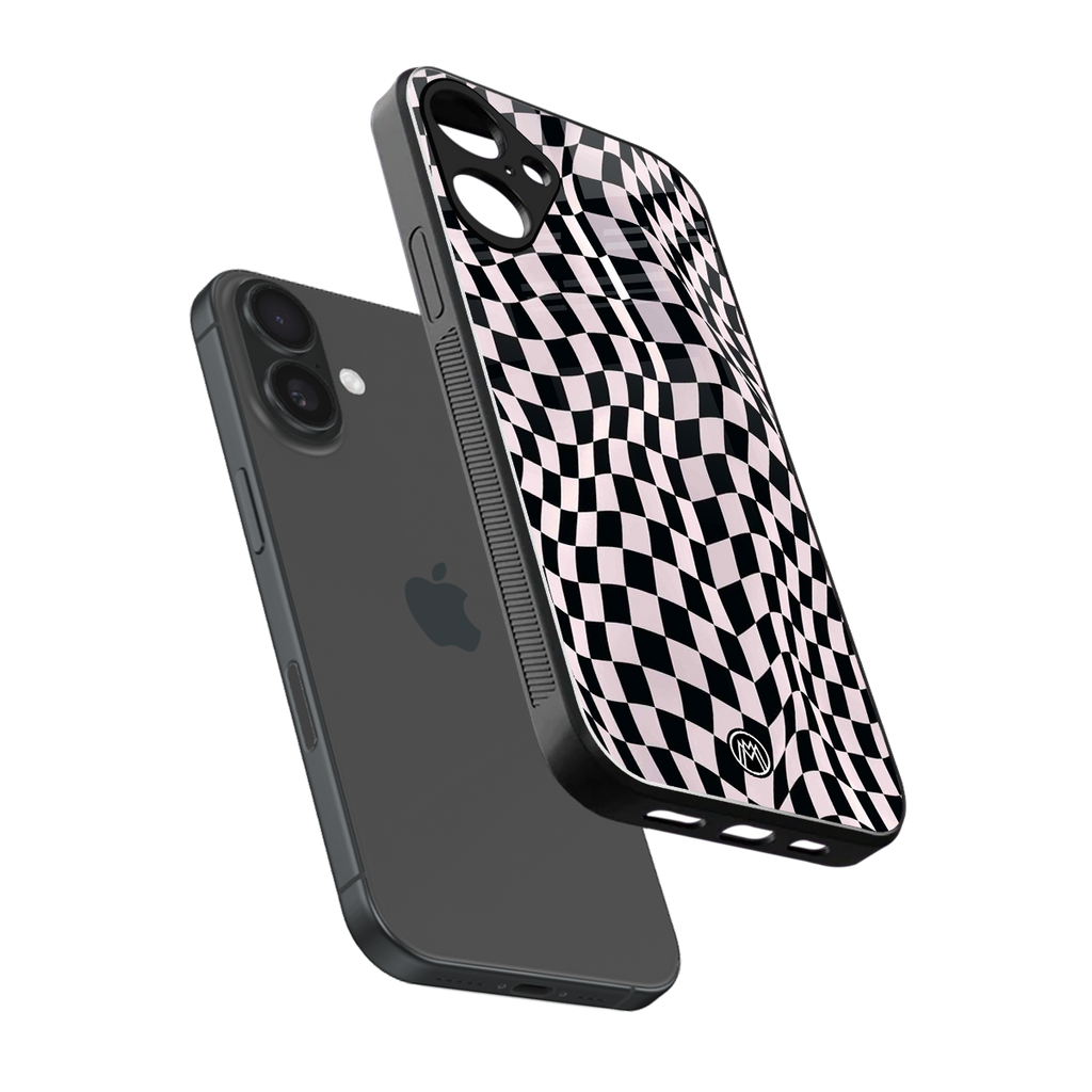 trippy b&w check pattern back phone cover | glass case for iphone 16 plus