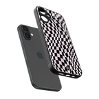 trippy b&w check pattern back phone cover | glass case for iphone 16 plus