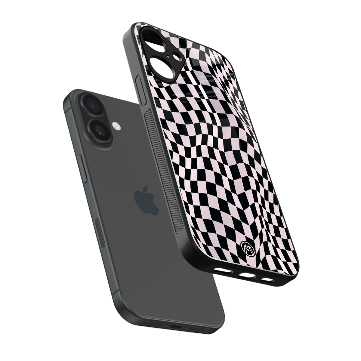 trippy b&w check pattern back phone cover | glass case for iphone 16 plus