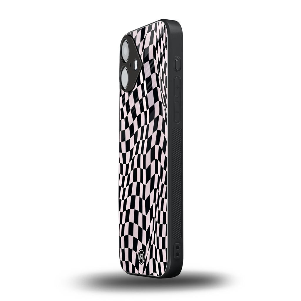 trippy b&w check pattern back phone cover | glass case for iphone 16 plus