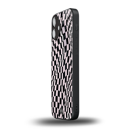 trippy b&w check pattern back phone cover | glass case for iphone 16 plus