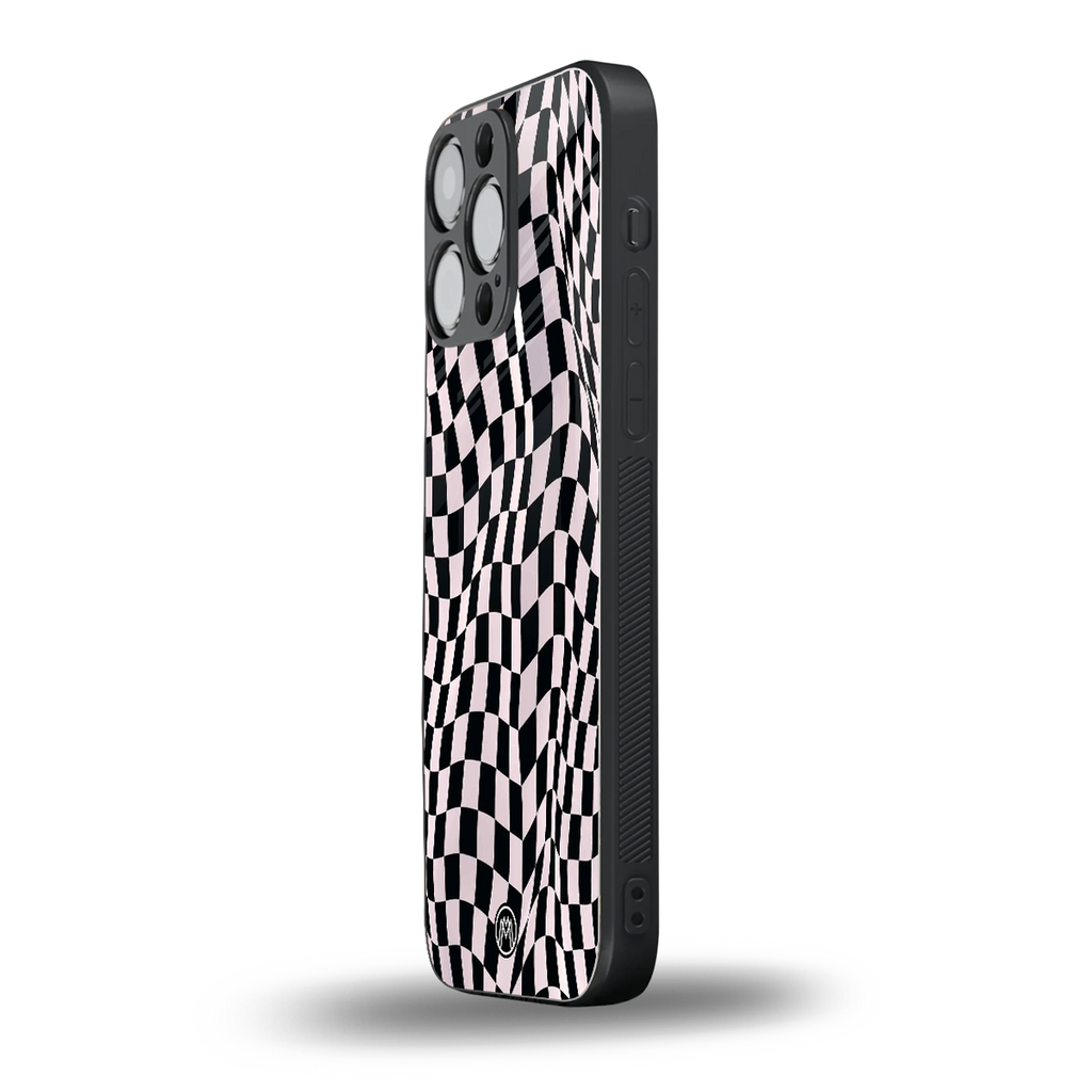 trippy b&w check pattern back phone cover | glass case for iphone 16 pro max