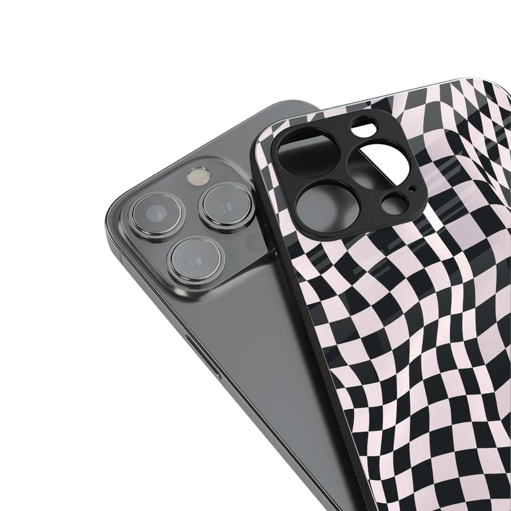 trippy b&w check pattern back phone cover | glass case for iphone 13 pro max