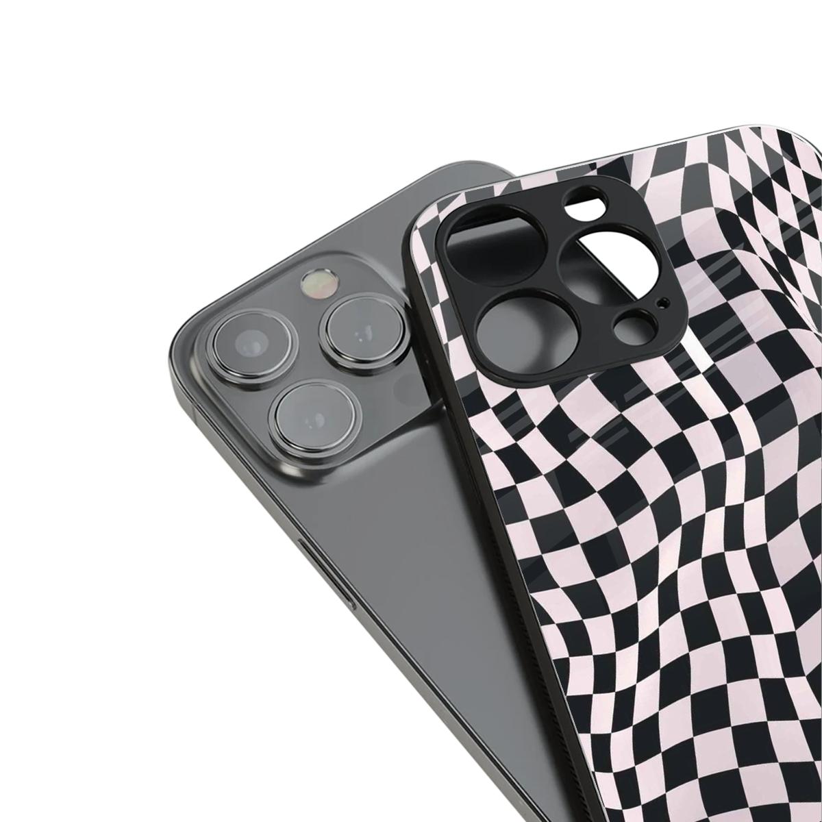 trippy b&w check pattern back phone cover | glass case for iphone 14