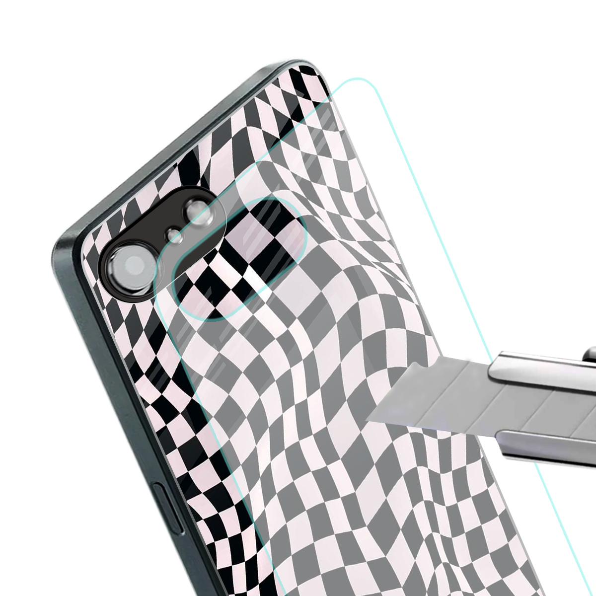 trippy b&w check pattern back phone cover | glass case for iphone 16e
