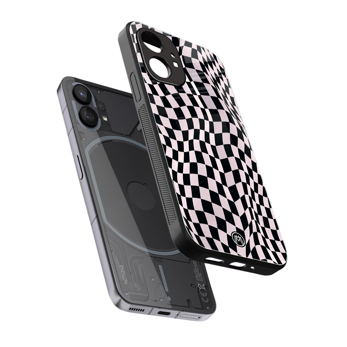 trippy b&w check pattern back phone cover | glass case for nothing phone 1