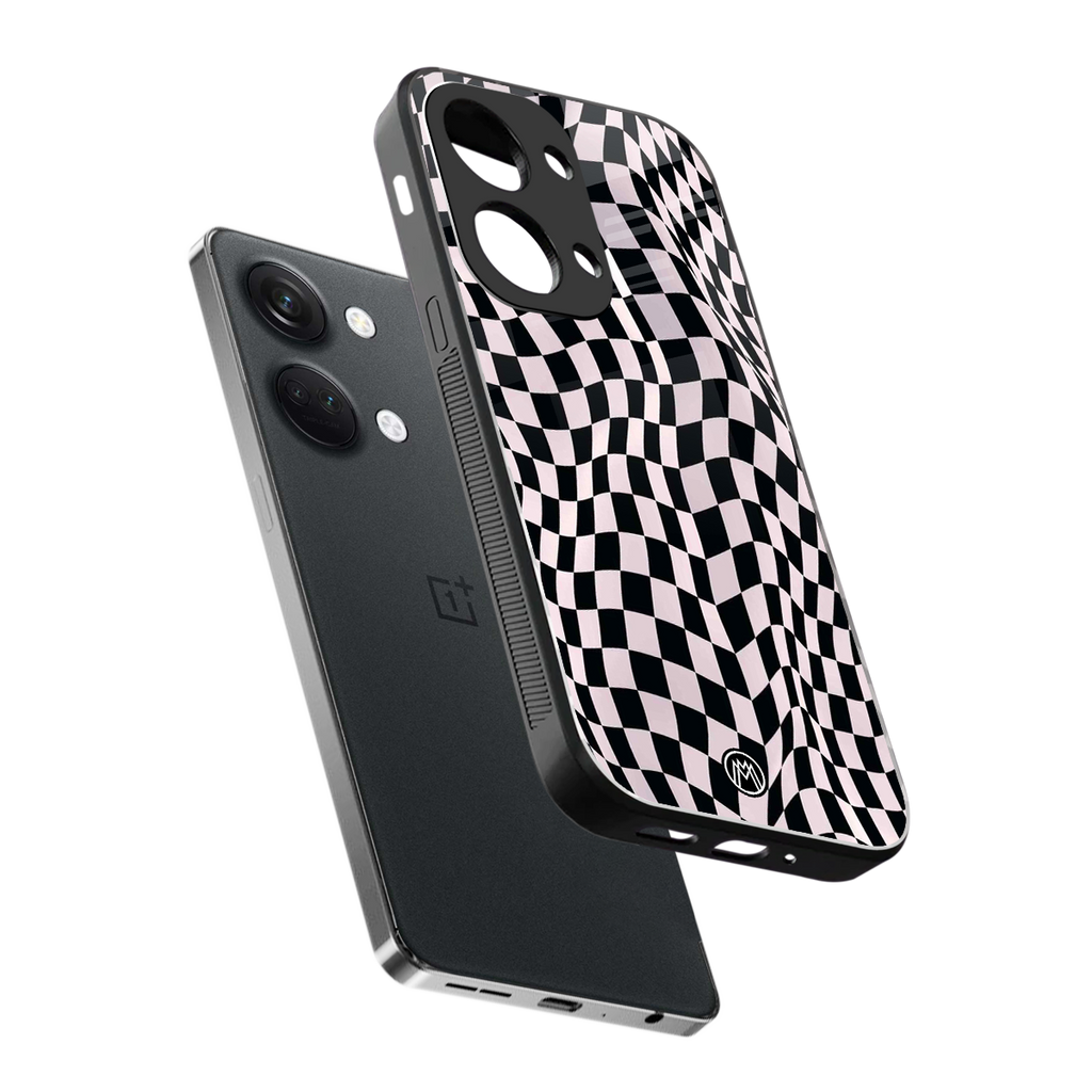 trippy b&w check pattern back phone cover | glass case for oneplus nord 3