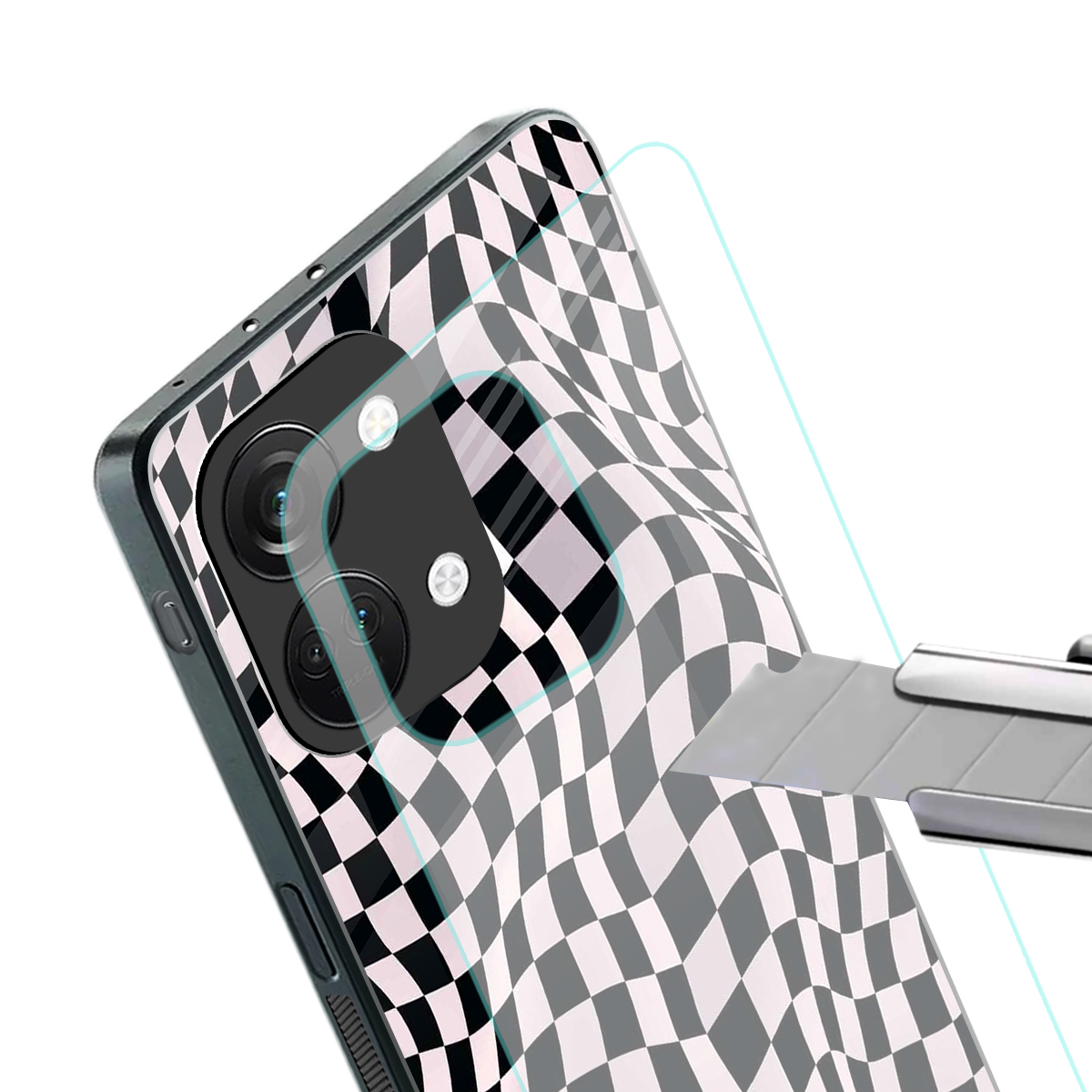 trippy b&w check pattern back phone cover | glass case for oneplus nord 3