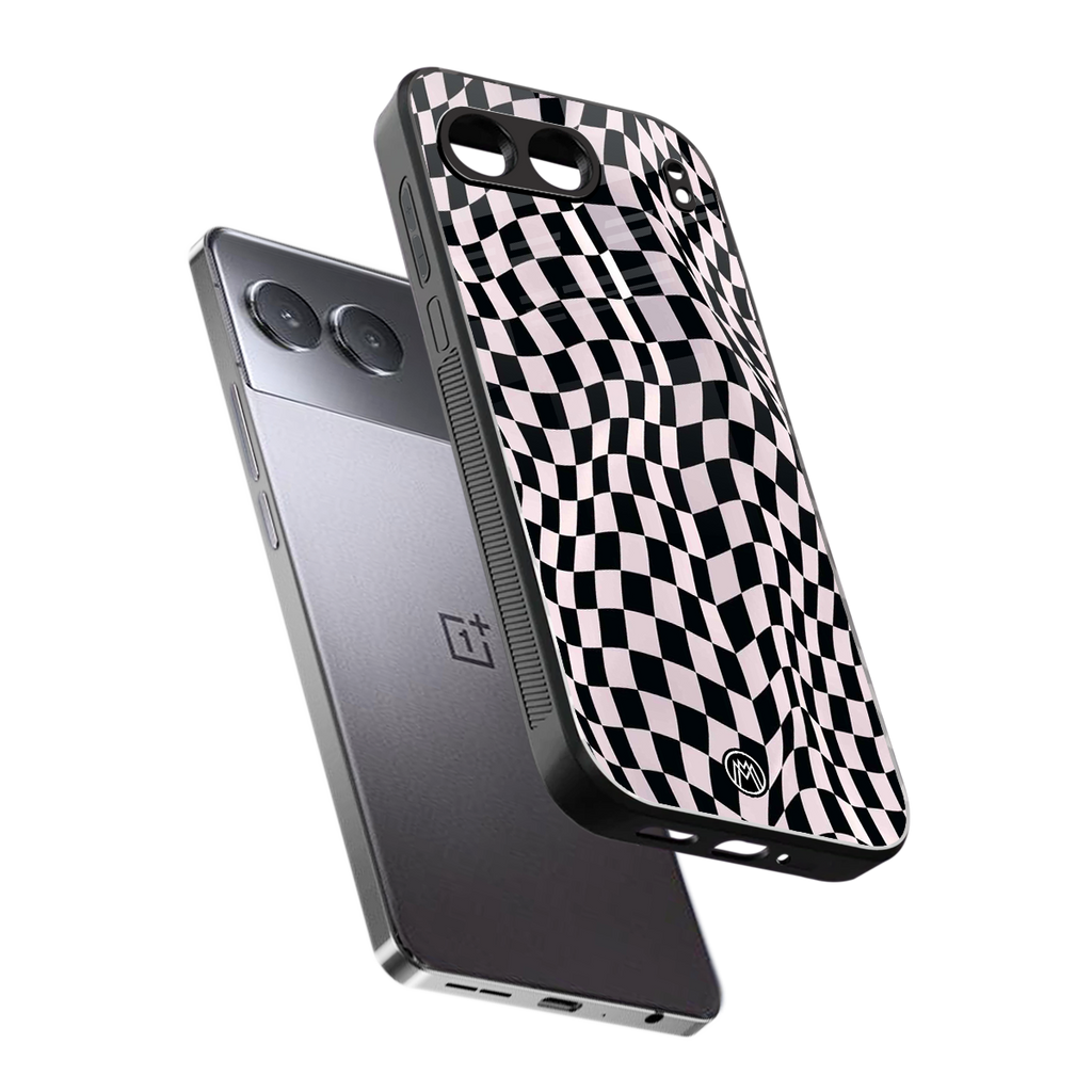 trippy b&w check pattern back phone cover | glass case for oneplus nord 4