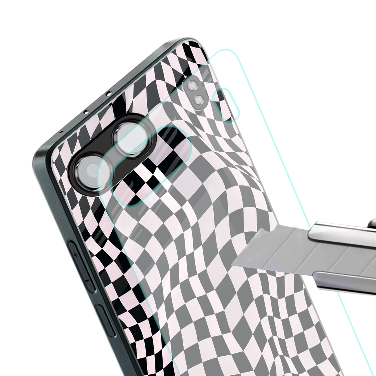 trippy b&w check pattern back phone cover | glass case for oneplus nord 4
