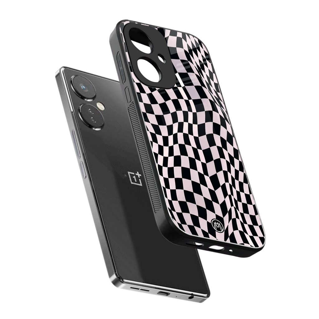 trippy b&w check pattern back phone cover | glass case for oneplus nord ce 3