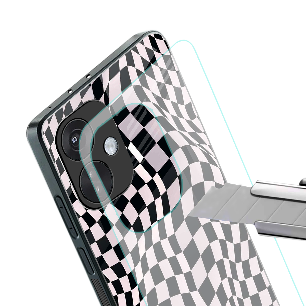 trippy b&w check pattern back phone cover | glass case for oneplus nord ce 3