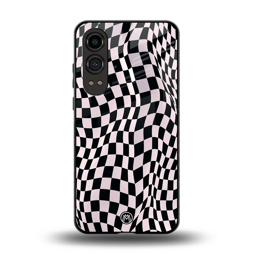 trippy b&w check pattern back phone cover | glass case for oneplus nord ce 4 lite