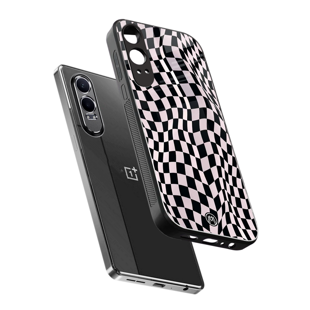 trippy b&w check pattern back phone cover | glass case for oneplus nord ce 4 lite