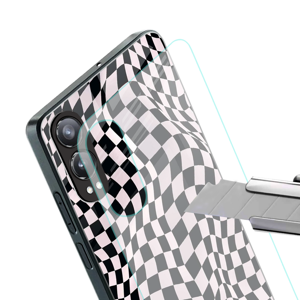 trippy b&w check pattern back phone cover | glass case for oneplus nord ce 4 lite