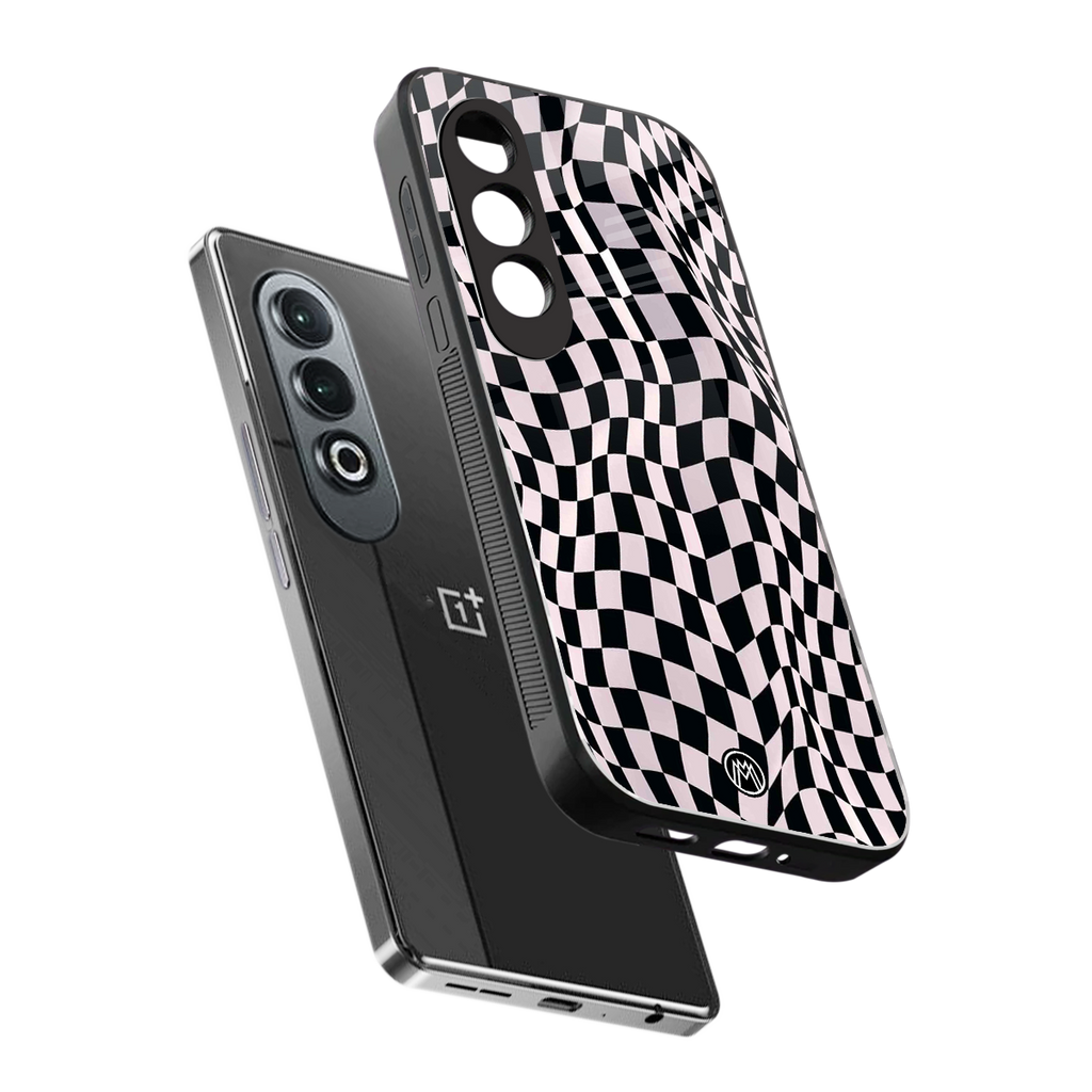 trippy b&w check pattern back phone cover | glass case for oneplus nord ce 4