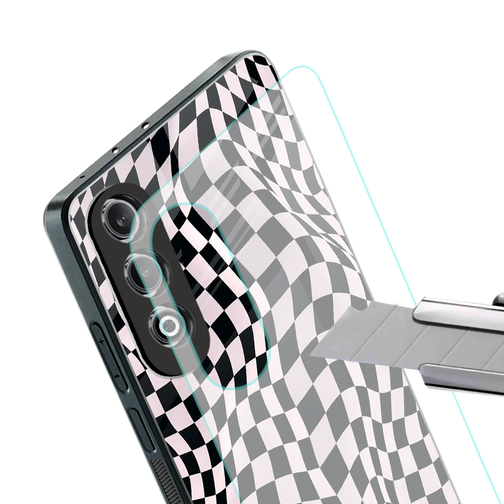 trippy b&w check pattern back phone cover | glass case for oneplus nord ce 4