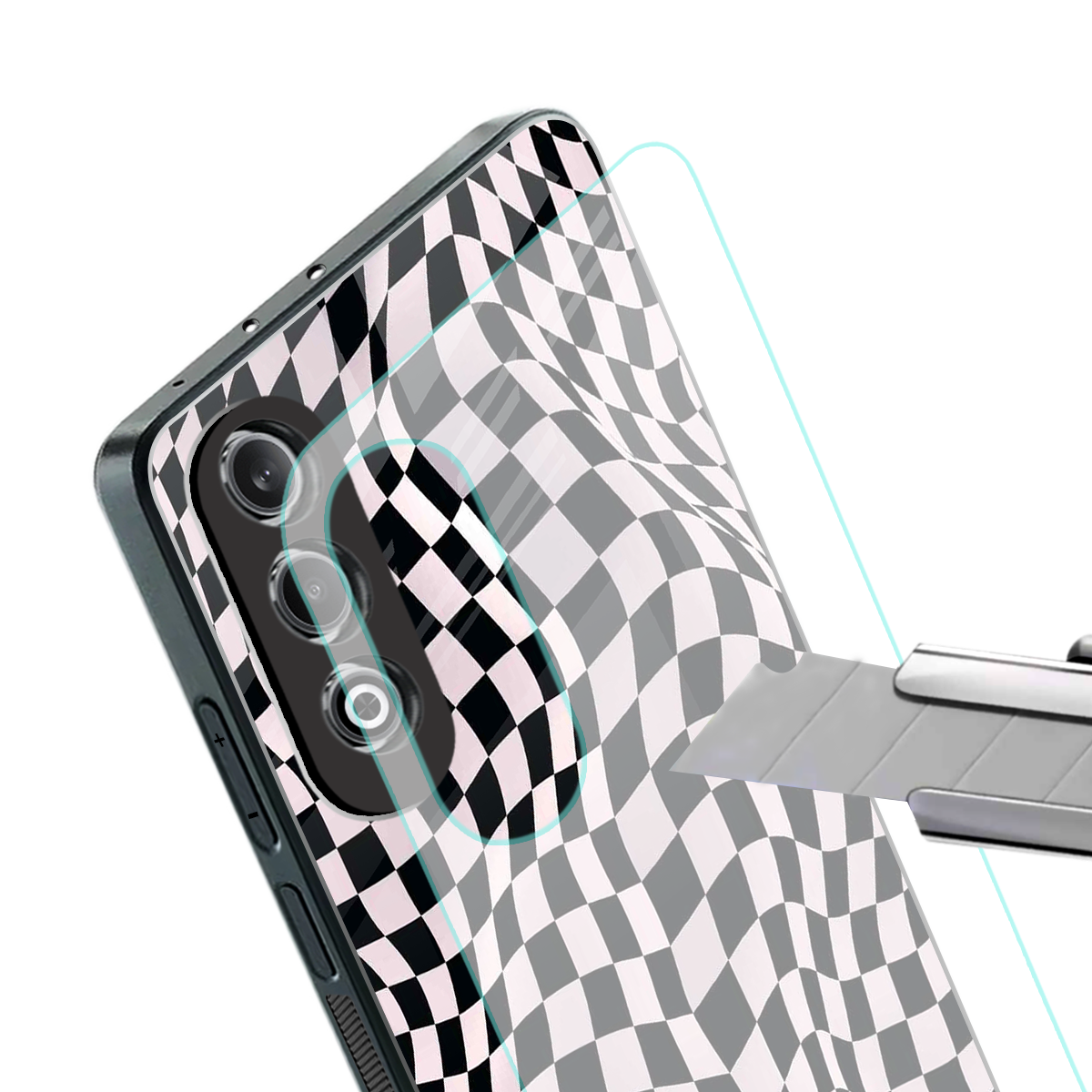 trippy b&w check pattern back phone cover | glass case for oneplus nord ce 4