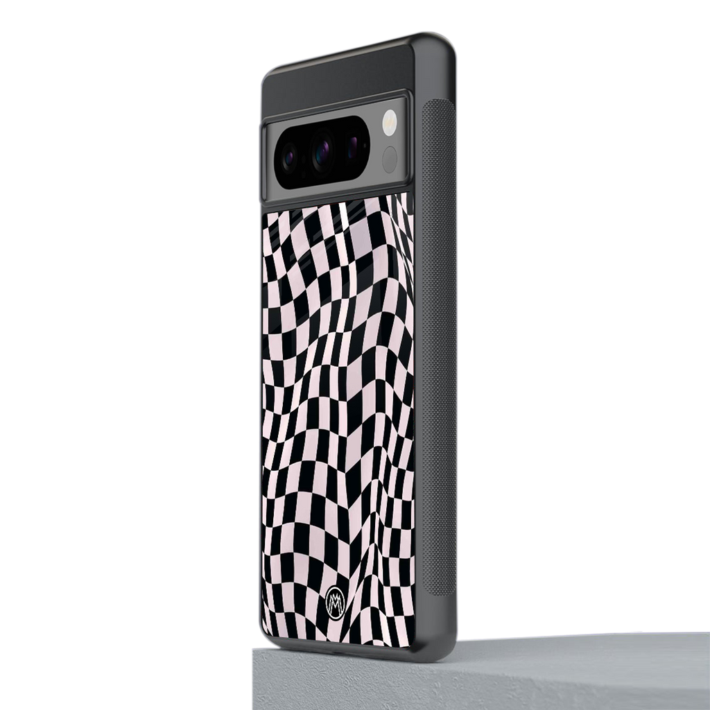 trippy b&w check pattern back phone cover | glass case for google pixel 8 pro