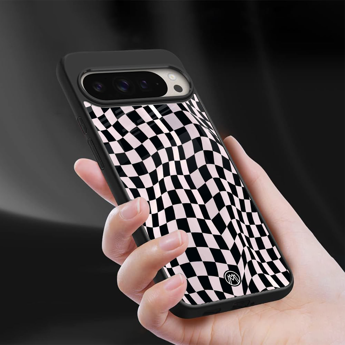 trippy b&w check pattern back phone cover | glass case for google pixel 9 pro xl