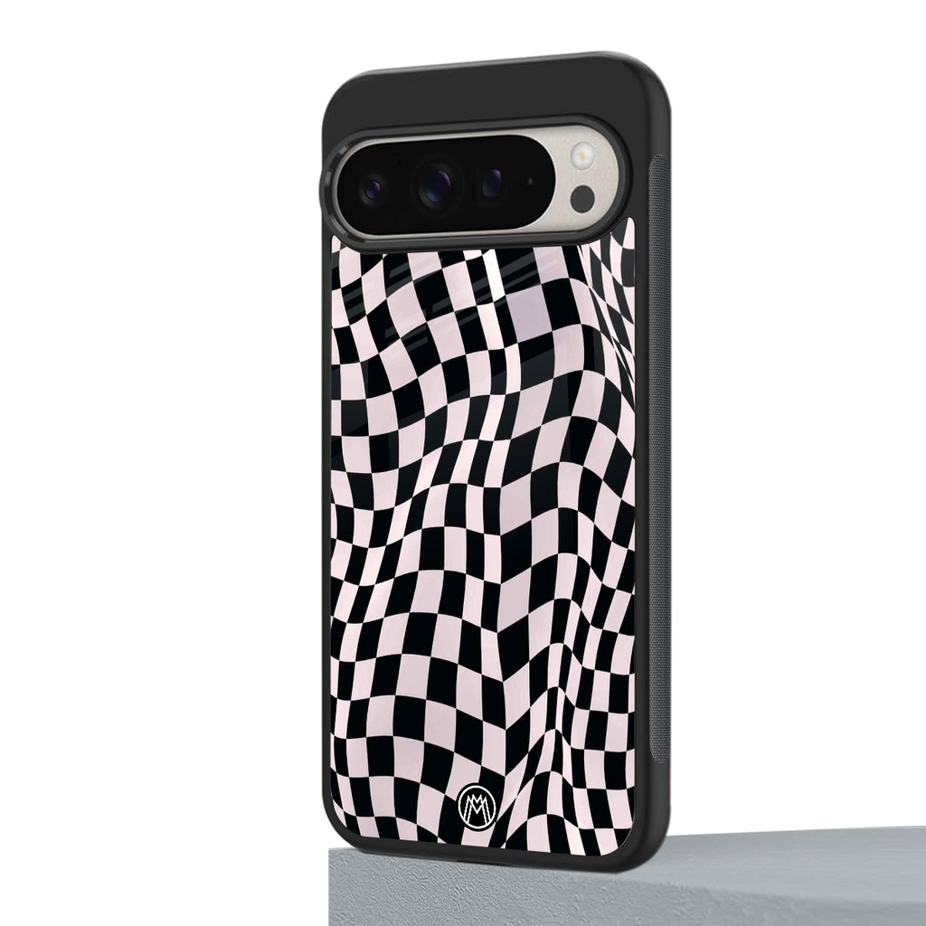 trippy b&w check pattern back phone cover | glass case for google pixel 9 pro