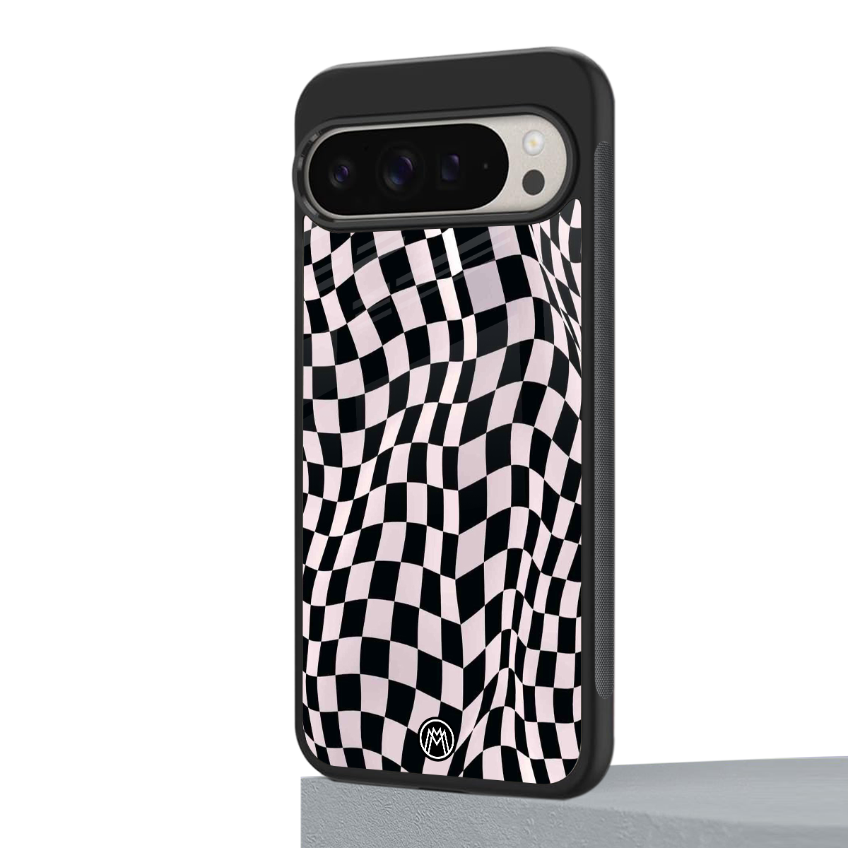 trippy b&w check pattern back phone cover | glass case for google pixel 9 pro xl