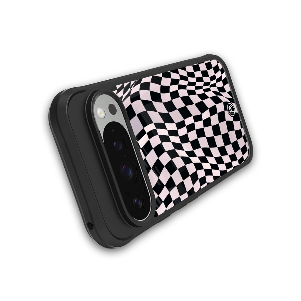 trippy b&w check pattern back phone cover | glass case for google pixel 9 pro