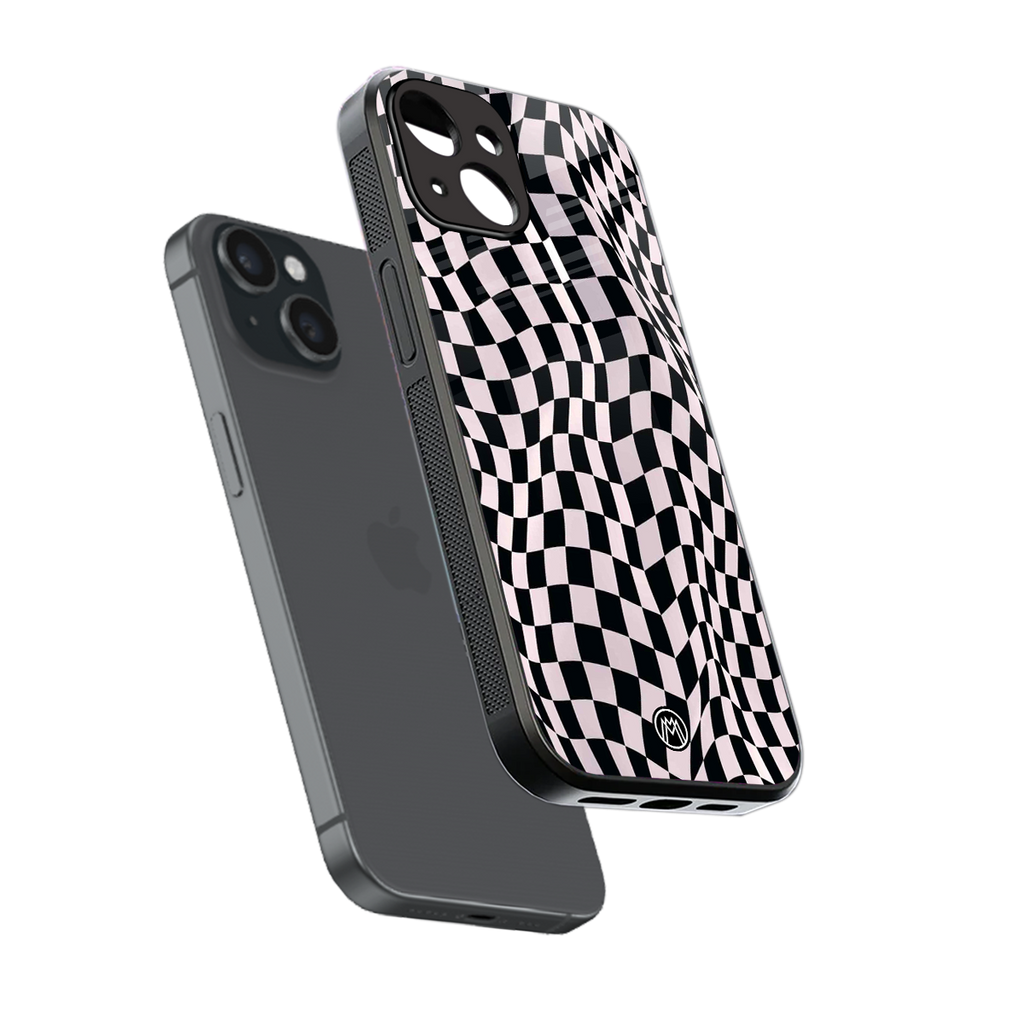 trippy b&w check pattern back phone cover | glass case for iphone 15